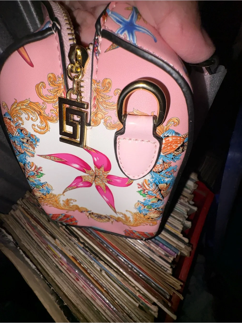 Seashell-Print Pink Satchel with Gold Accents
